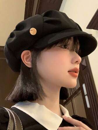 1入女式復古調節貝雷帽,優雅、休閒、時尚的純色八角帽風格