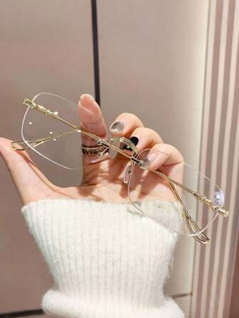 1pc Men's Frameless Fashion Plano Lenses Metal Frames Glasses, Suitable As Valentine's Day Or Carnival Gift