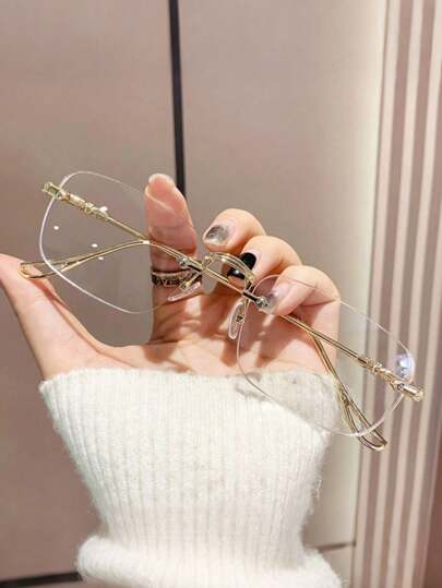 1pc Men's Frameless Fashion Plano Lenses Metal Frames Glasses, Suitable As Valentine's Day Or Carnival Gift