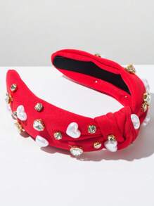 1 件红色织物宽扭头带，时尚百搭奢华闪亮心形宝石和珍珠装饰甜美个性化发饰、发带、发箍