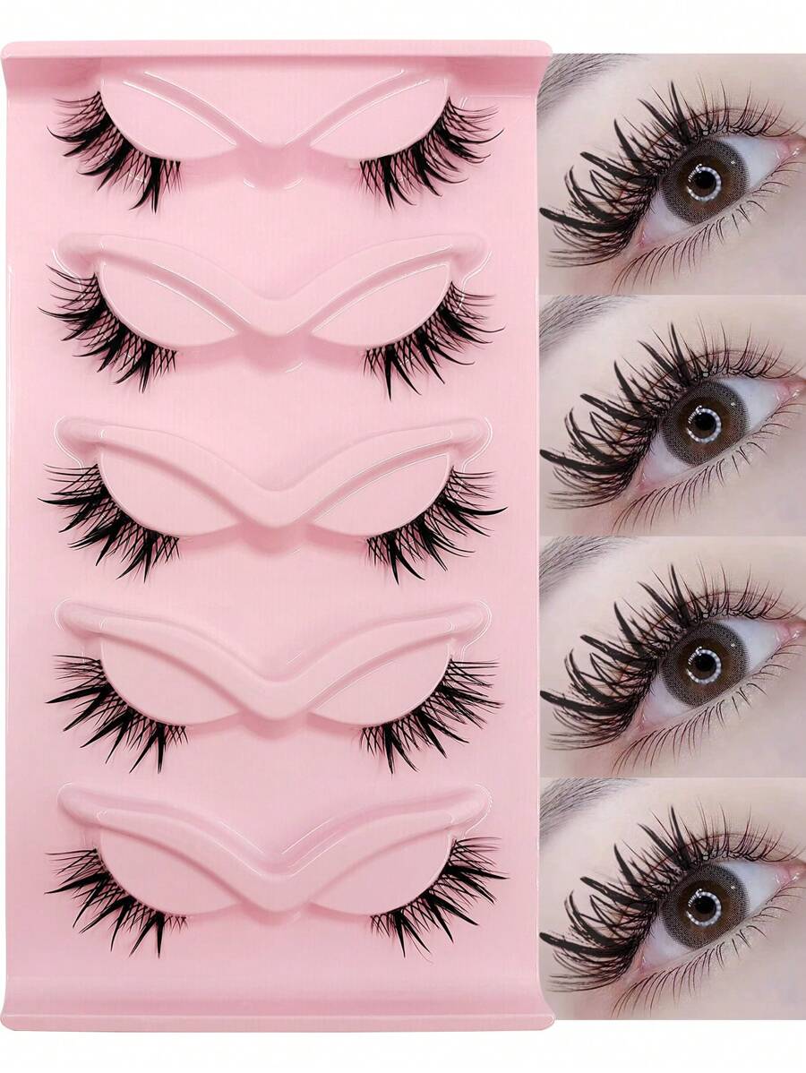 5 对漫画睫毛透明带可重复使用纤细交叉半睫毛角睫毛，各种款式，动漫、娃娃、角色扮演化妆工具，适合化妆爱好者