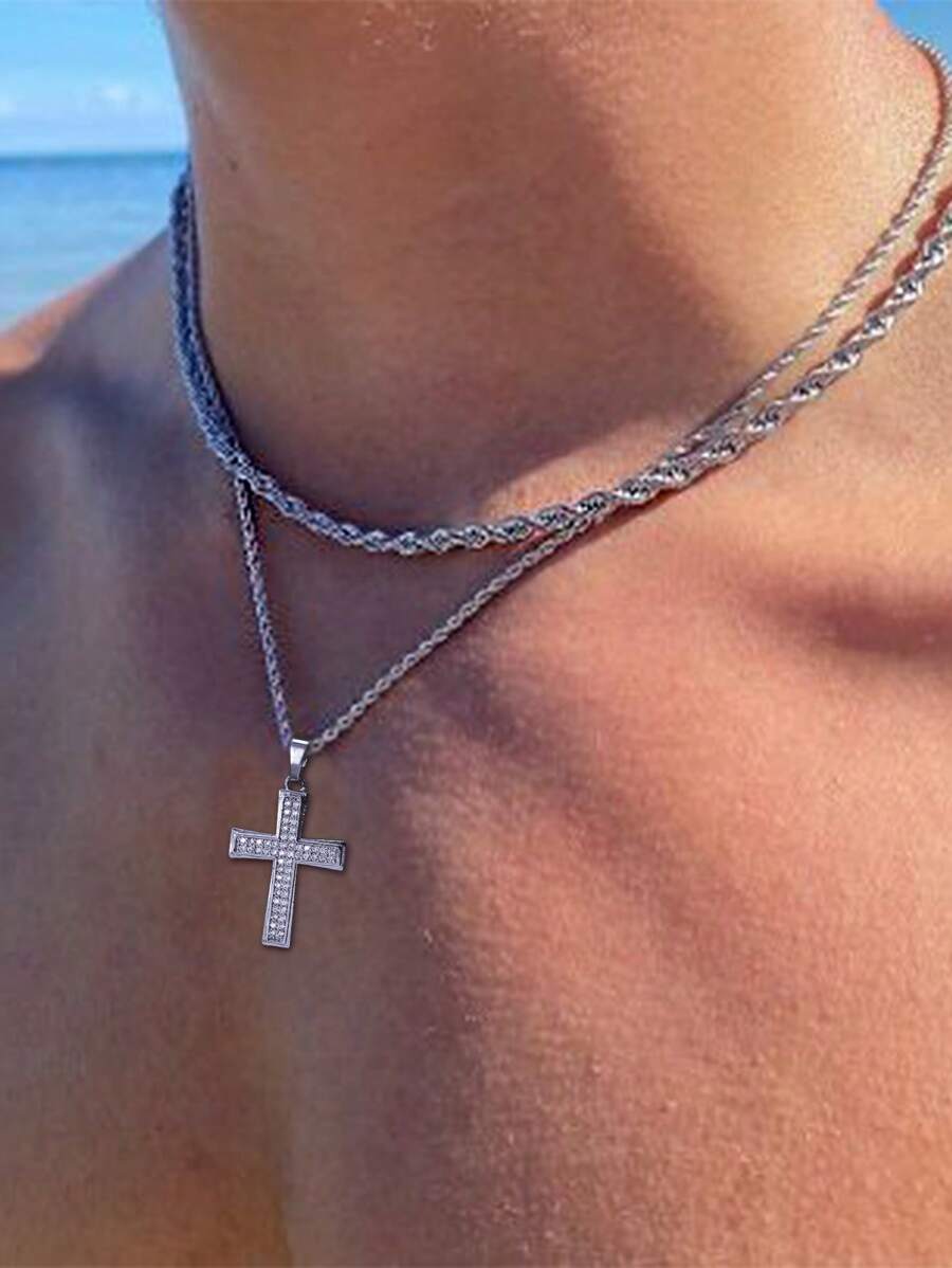 2 件时尚不锈钢吊坠项链，嘻哈方晶锆石配饰，礼盒包装适合节日 - 金黃色 - 查看 1