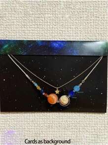 2 Pcs Planet & Star Crystal Copper Necklace Set, Fashionable Jewelry For Men And Women, Party Accessory
