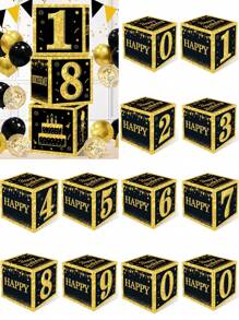 1pc 27cm Numbers 0-9 Black Gold Birthday Box, Numbers 0-9 Black Gold Birthday Box, Happy Birthday Party Room Background Decoration, Black Gold 18th 30th 40th 50th 60th 70th 80th Birthday Gift Box Present Boxes For Birthday Celebrations Supplies, Birthday Photo Props, Birthday Party Gift Favor
