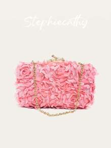 Bolso de mano de tela con aplicación floral de pétalos románticos y dulces, con marco metálico y cadena, elegante y fashionable para bodas, cenas, fiestas y citas, un regalo