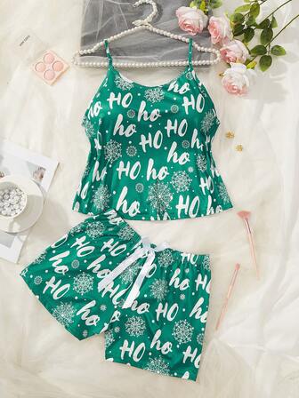 2pcs/Set Women Christmas Snowflake Print Camisole And Shorts Pajama Set