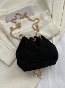 女士休闲单肩抽绳斜挎包，复古风 - 黑色 - 查看 8