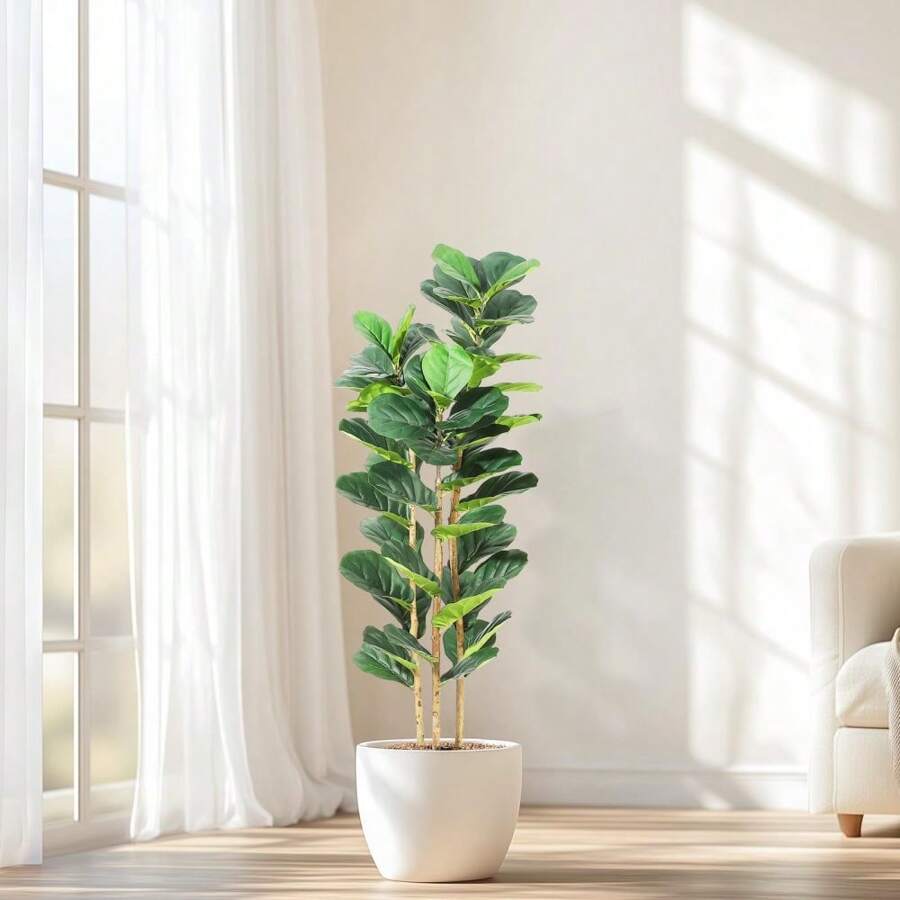 Broadfashion Faux Fiddle Leaf Fig Tree 5/6/7 FT, Artificial Ficus Tree With Tall Artificial Plants, Lifelike Fake Tree For Home Decor Living Room Indoor Outdoor - 5ft - 查看 1