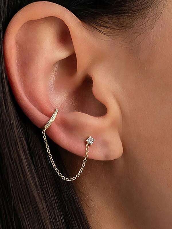 1pc Tassel Chain Cubic Zirconia Ear Cuff Stud For Women Gift Cartilage Clip On Earrings