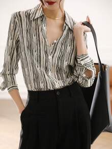 YUXIN 新款春夏秋季女士翻领长袖衬衫，复古港风条纹修身衬衫 - 黑色 - 查看 5