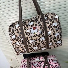 Sanrio 1 pieza Bolso de hombro vintage de Hello Kitty de Sanrio, nueva bolsa de almacenamiento de gran capacidad con estampado de leopardo, bolso de almohada lindo y a juego, bolsa de almacenamiento multifuncional con estampado floral de Hello Kitty, bolsa de almacenamiento plegable