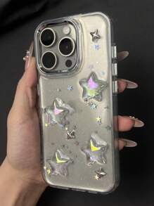 韩版亮片滴胶亚克力星星透明电镀镜头手机保护壳适用于 17 16 15 14 13 12 11 Pro Max 时尚后盖 - 無色 - 查看 3