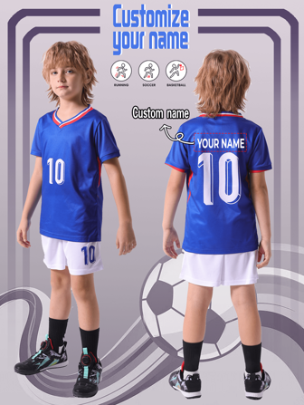 [Personalizado] 2 piezas Conjunto de camiseta y pantalones cortos deportivos casuales transpirables, n.º 10, adecuado para fútbol, deportes, uso diario, con nombre personalizado, multifuncional, ornamental, letra, elegante, moderno, colorido, lindo, adorable, casual, suave, personalizado, personalizado, único, personalizado, regalos para bebés, regalos ideales para él, regalos ideales para ella, hijo, hija