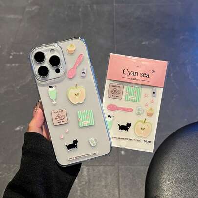 2PCS Phone Case+3D Drop Adhesive Sticker DIY Decoration Compatible With IPhone 16 Promax Phone Protective Case 11/15/12/13/16 Transparent PC Hard Case Does Not Yellow