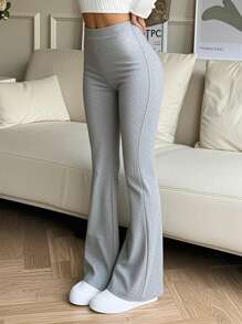 Women's High Waist Solid Color Flare Sports Yoga Pants, Compression Tight Leggings For Running & Fitness - Grey - View 6