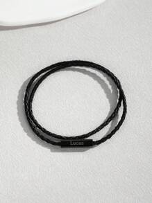 1pc Customized Engraved Name Leather Cord Bracelet, Personalized Couple Bracelet, Black Leather Cord Bracelet For Men, Birthday Gift, Valentine's Day Gift, Christmas Gift, Commemorative Gift For Boyfriend