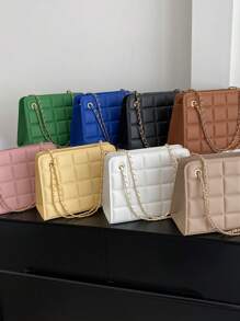 New Fashionable Solid Color PU Leather Plaid Square Bag, Elegant Versatile Business Commuting Office Metal Chain Crossbody Bag, Vintage Large Capacity Travel Vacation Underarm Bag, Casual Outdoor Shopping Handbag, Women Shoulder Bags For Holiday Gifts - Multicolor - View 2