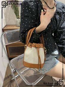 Casual Versatile Drawstring Straw Bucket Tote Shoulder Bag - Brown - View 7