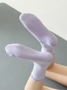 1Pair/6Pairs Solid Color Yoga Socks With Rolled Edges, Non-Slip Mid-Calf Socks For Indoor Fitness And Pilates, Seamless Sports Socks For Women