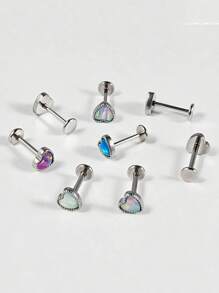 1PC Vertical Lines Opal Heart Lip Stud Labret Ring Threadless Ear Cartilage Tragus Helix Earrings Daith Piercing Body Jewelry 16g