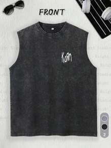 Double Sided 'Korn' ISSUES' Printed T-Shirt, 230g Men's Sleeveless Vest T-Shirt Retro Washed And Worn T-Shirt - Suitable For Daily Wear, Gift - 黑色 - 查看 2