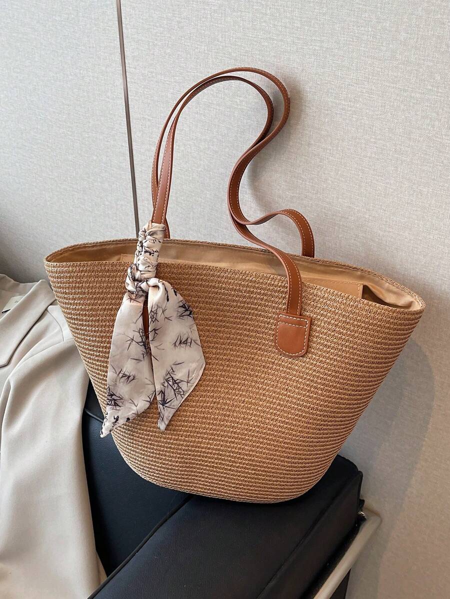 Simple Large-Capacity Contrast Color Woven Tote Bag For Women, Portable Shoulder Handbag Suitable For Vacation And Travel, Perfectly Matching With Vacation Outfits Women - Brown - View 1