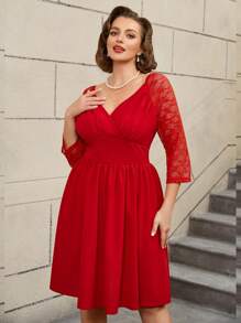 AOMEI Plus Red 50s Swing Dresses Curve Ladies V Neck Lace Sleeves A Line High Waist Party, Wedding Guest Dress, For Cocktail - Red - View 6