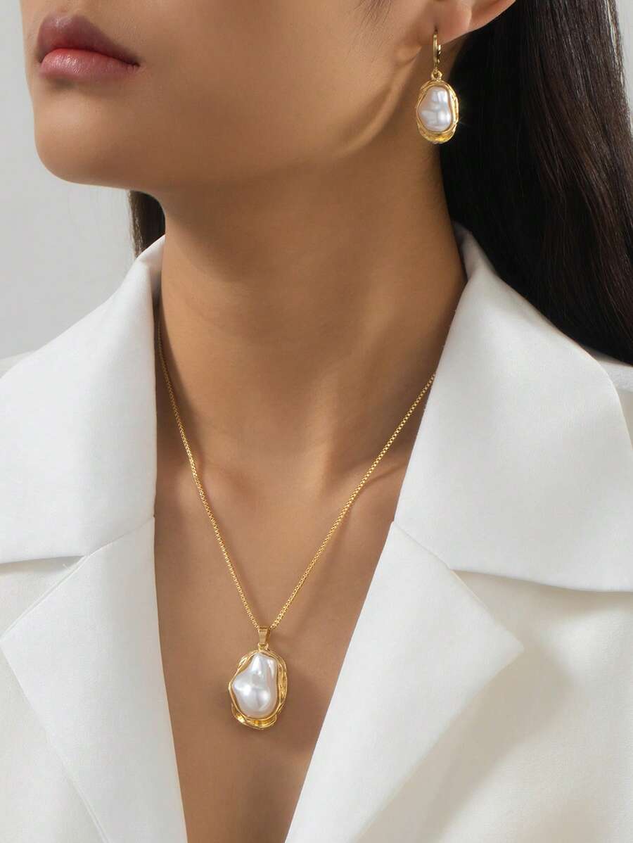 Bộ 3 món/Bộ trang sức ngọc trai hình dạng bất đối xứng phóng đại theo phong cách Châu Âu cổ điển, vòng cổ và hoa tai thanh lịch kết hợp làm quà tặng cho phụ nữ - Vàng vàng + trắng - Xem 1