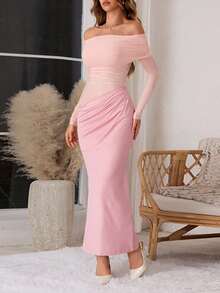 Plus Size Women Solid Color Off Shoulder Mesh Hollow Out Long Sexy Bodycon Dress, Autumn