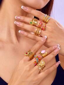 1 pieza Anillo de mujer de acero inoxidable con incrustaciones de strass en color mezclado, de estilo exagerado y con diseño de goteo. Se puede ajustar. Adecuado para uso diario y casual, así como para fiestas y regalos.