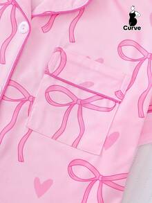 Marira 2pcs Plus Size Women Pajama Set, Bow Print Short Sleeve Shirt Collar Button Up Top And Loose Elastic Shorts, Suitable For Overweight, Holiday Party Sleepwear, Casual Home & Outdoor Comfortable Women Loungewear - Hồng - Xem 8