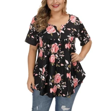 Maglietta casual da donna taglia curvy, con scollo a V e bottoni, stampa floreale, adatta per primavera/estate