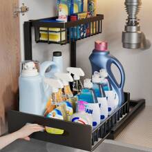 1pc 2-Tier Pull-Out Under Sink Organizer - Metal Storage Rack For Kitchen & Bathroom Cabinets Under Sink Organizers And Storage Bathroom Storage Cabinet