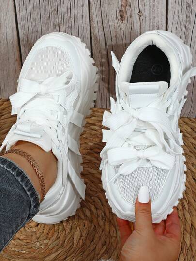 2025 Autumn Women's Classic White Sneakers, High Street Style, Lace-Up, Non-Slip, Wedge Platform Chunky Sneakers, Suitable For Festivals, Parties, Gatherings, Fashionable Outings