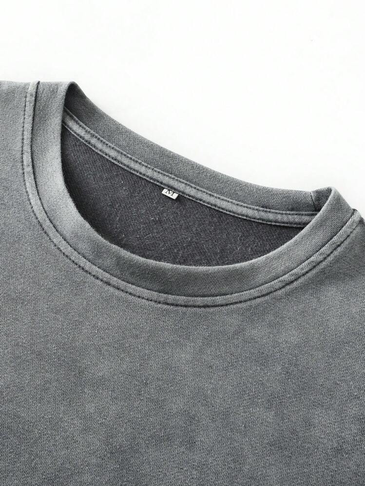 Hemo Vintage Asymmetrical Tassel Round Neck Short Sleeve Washed T-Shirt - Grey - View 5