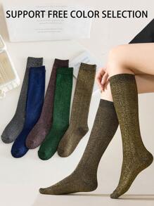1 双女士过膝袜，多色闪亮金属线，舒适时尚大腿袜，适合春夏日常穿着
