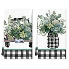 2/4 件装水牛格子和桉树叶印花厨房洗碗巾，现代风格春夏洗碗布、手巾，适用于擦干碗碟、厨房抹布、耐热桌垫、家居必需品和节日礼物 - 彩色 - 查看 5