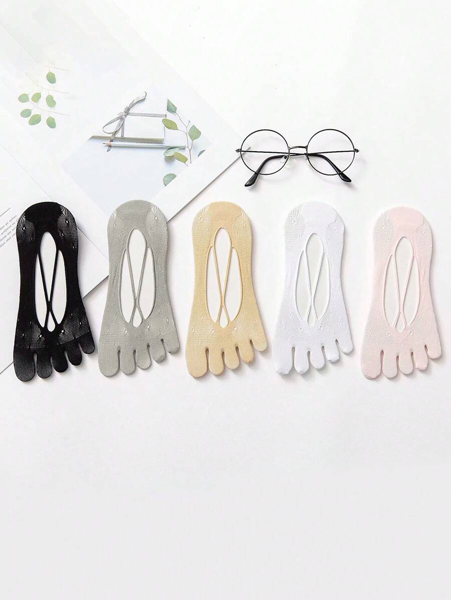 5 Pairs Women's New Style Criss-Cross Net Mesh Breathable No-Show Five Finger Socks, Comfortable And Versatile, Low Cut For Spring And Summer - Multicolor - View 1