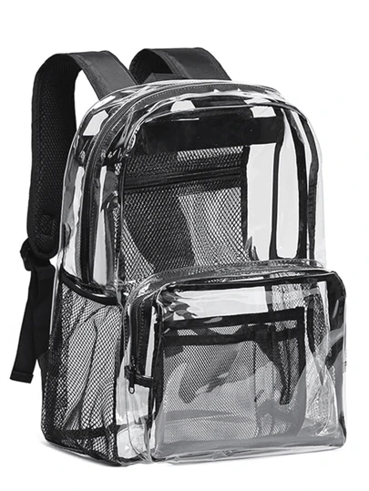 1 pieza Mochila transparente nueva de PVC con bolsillo de malla de gran capacidad, mochila escolar casual y de moda, esencial multiuso para uso diario, dormitorio, viajes, vacaciones, regalo de Acción de Gracias, bolsa de cintura, campamento, regreso a la escuela