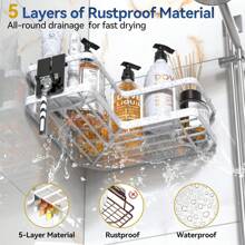 转角淋浴架，5 件装转角淋浴收纳架，配有肥皂架和 4 个可拆卸挂钩，防锈转角淋浴架，无需钻孔的室内淋浴架，黑色返校季 - 白色 - 查看 3