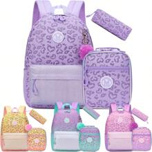 3 件套女孩背包学校背包带午餐盒铅笔盒适合 8-10 岁小学生儿童旅行背包 3 合 1 女孩背包套装热压豹纹背包