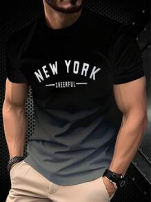 男士渐变字母印花T恤 - 休闲圆领短袖，舒适透气，可机洗 - 时尚夏季上衣，变色设计 - 黑色 - 查看 1