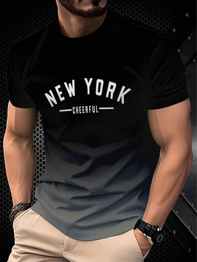 男士渐变字母印花T恤 - 休闲圆领短袖，舒适透气，可机洗 - 时尚夏季上衣，变色设计