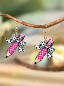 1 Pair Unique Acrylic Pencil & Bowknot Design Earrings, Creative Leopard, Cow Print, Plaid Pattern Drops For Graduation, Back-To-School, Teacher's Day, Please Remove Protective Film Before Use