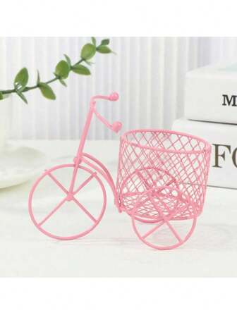1 件粉色和白色金属三轮车装饰，可用作糖果篮、化妆品收纳盒、婚礼糖果礼盒、创意婚礼装饰