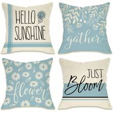 4 PIEZAS Funda de almohada decorativa "Hola sol", funda de almohada para porche, patio y exterior con flores margaritas azules de primavera y verano, funda de cojín para sofá "Solo florece" para decoración del hogar, una sola cara sin relleno de almohada