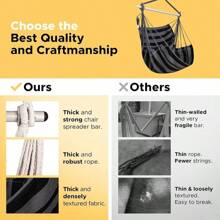 Hammock Chair Swing (500 Lbs Max) - Hanging Hammock Chair Rope Swing Indoor Hammock Chair,Outdoor Furniture,Swing Chair For Room,Amaca Para Adultos,Hamacas Para Adultos,Columpio Para Patio,Swing Sets Backyard, Patio Furniture Set For Bedroom, Outdoor, Patio, Bedroom, Porch, Deck - Sturdy Steel Bar With Anti-Slip Safety Rings - B Black and Grey - View 5