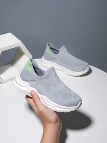 1 Pair Kids' Knitted Sneakers, Slip-On Breathable Running Shoes, Casual Fashion Mesh Sneakers For Students - Grey - View 6