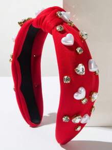 1 件红色织物宽扭头带，时尚百搭奢华闪亮心形宝石和珍珠装饰甜美个性化发饰、发带、发箍