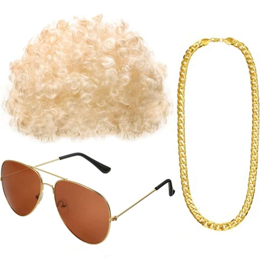3pcs 50/60/70s Vintage Party Accessories, Suitable For Rock Theme And Disco Theme Parties, Including A Wig, Black/Brown/Gold Color Options, A Pair Of Gold Sunglasses, A Artificial Gold Chain. - Multicolor - View 1
